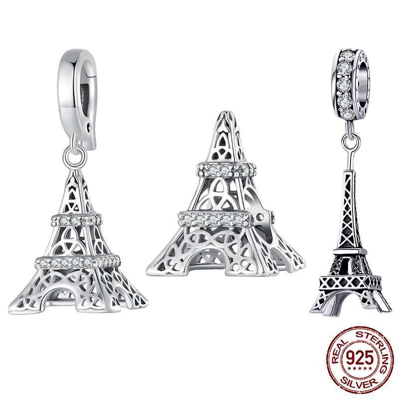 925 Sterling Silver Eiffel Tower Charm with Zircon – Vintage Pendant Compatible with Pandora Bracelets