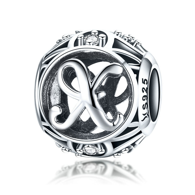 925 Sterling Silver Hollow Letter Charm with Zircon – Compatible with Pandora, Chamilia & European Bracelets