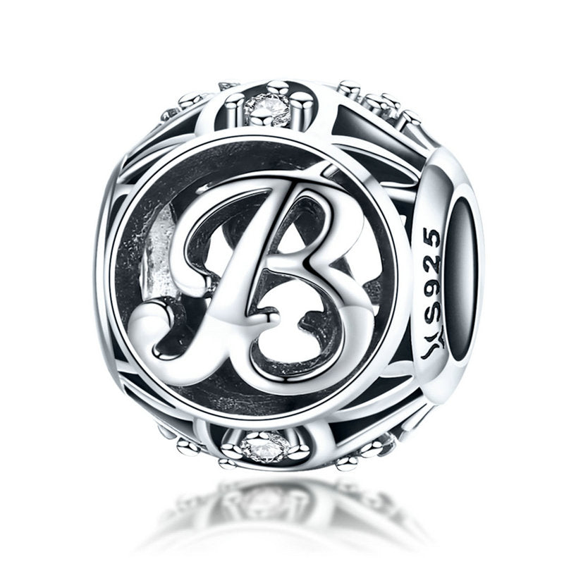 925 Sterling Silver Hollow Letter Charm with Zircon – Compatible with Pandora, Chamilia & European Bracelets