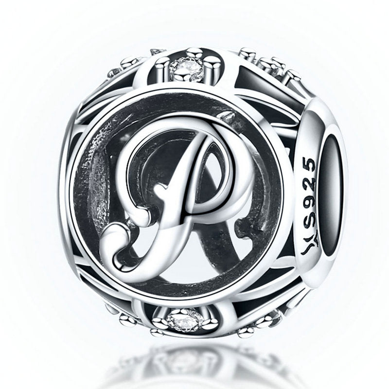 925 Sterling Silver Hollow Letter Charm with Zircon – Compatible with Pandora, Chamilia & European Bracelets