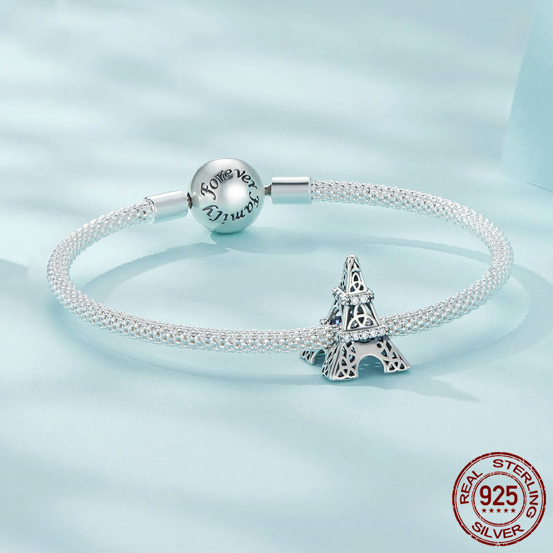 925 Sterling Silver Eiffel Tower Charm with Zircon – Vintage Pendant Compatible with Pandora Bracelets