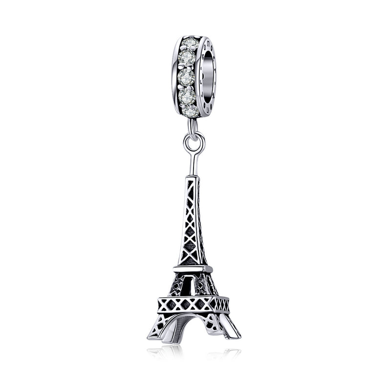 925 Sterling Silver Eiffel Tower Charm with Zircon – Vintage Pendant Compatible with Pandora Bracelets