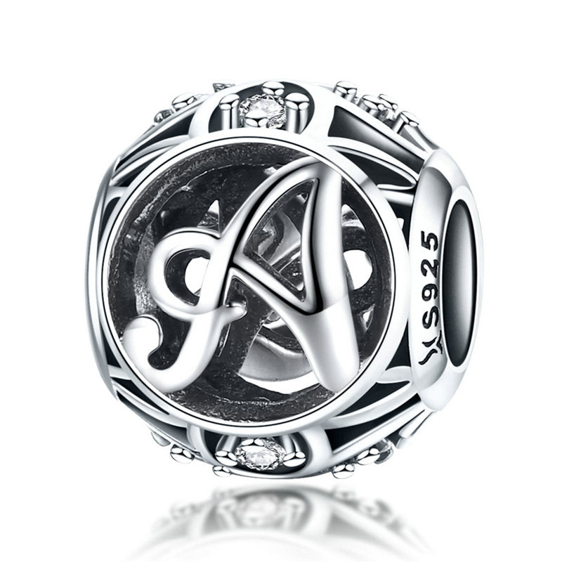 925 Sterling Silver Hollow Letter Charm with Zircon – Compatible with Pandora, Chamilia & European Bracelets