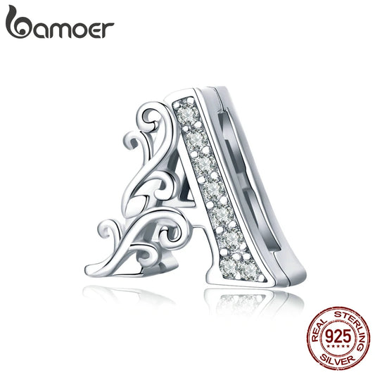 925 Sterling Silver Letter A Charm - Pandora Compatible Bracelet Bead - CZ Crystal Alphabet Initial Clip Charm for European Style Bracelets