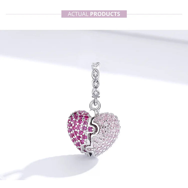 925 Sterling Silver Pink Heart Charm - Pandora Compatible Open Heart Pendant with CZ Crystals for Charm Bracelets (BSC282)