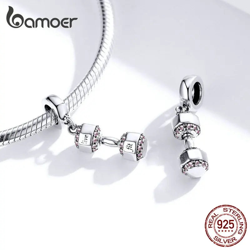 925 Sterling Silver Dumbbell Charm | Pandora Compatible Sports Fitness Charm Pendant for Snake Chain Bracelet | Gym Lover Gift SCC1340