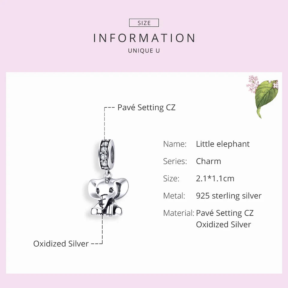 925 Sterling Silver Baby Elephant Charm | Pandora Compatible Animal Pendant for Bracelet & Necklace | Cute Lucky Charm SCC1338