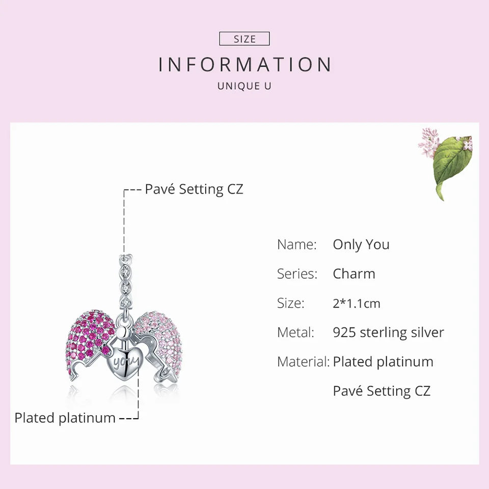 925 Sterling Silver Pink Heart Charm - Pandora Compatible Open Heart Pendant with CZ Crystals for Charm Bracelets (BSC282)