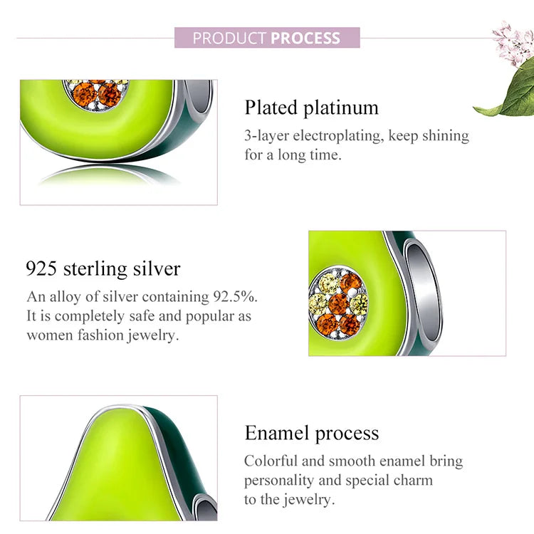 925 Sterling Silver Green Enamel Avocado Charm - Compatible with Pandora Bracelets