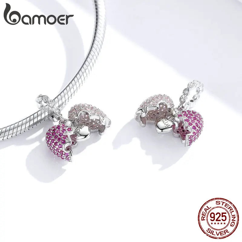 925 Sterling Silver Pink Heart Charm - Pandora Compatible Open Heart Pendant with CZ Crystals for Charm Bracelets (BSC282)