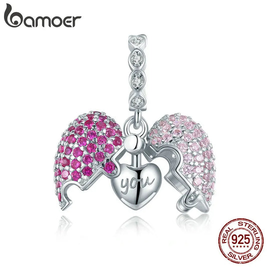 925 Sterling Silver Pink Heart Charm - Pandora Compatible Open Heart Pendant with CZ Crystals for Charm Bracelets (BSC282)