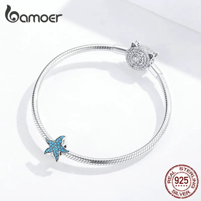 925 Sterling Silver Blue Starfish Stopper Charm - Pandora Compatible Ocean Zirconia Bead for European Bracelets (SCC1313)