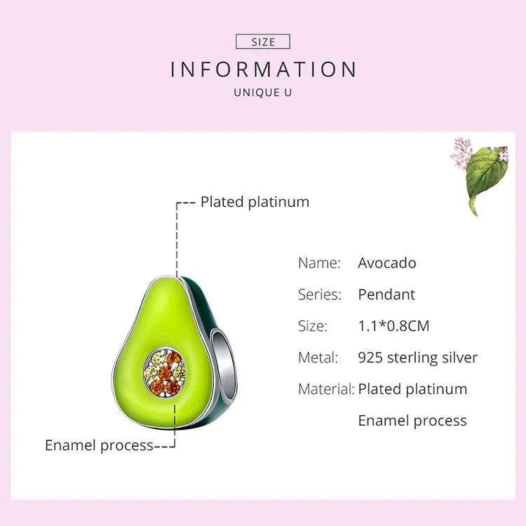 925 Sterling Silver Green Enamel Avocado Charm - Compatible with Pandora Bracelets