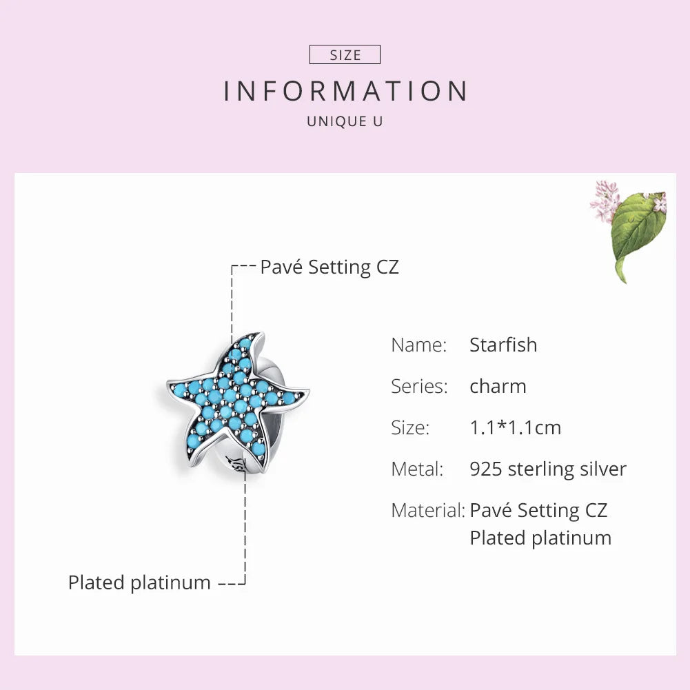 925 Sterling Silver Blue Starfish Stopper Charm - Pandora Compatible Ocean Zirconia Bead for European Bracelets (SCC1313)