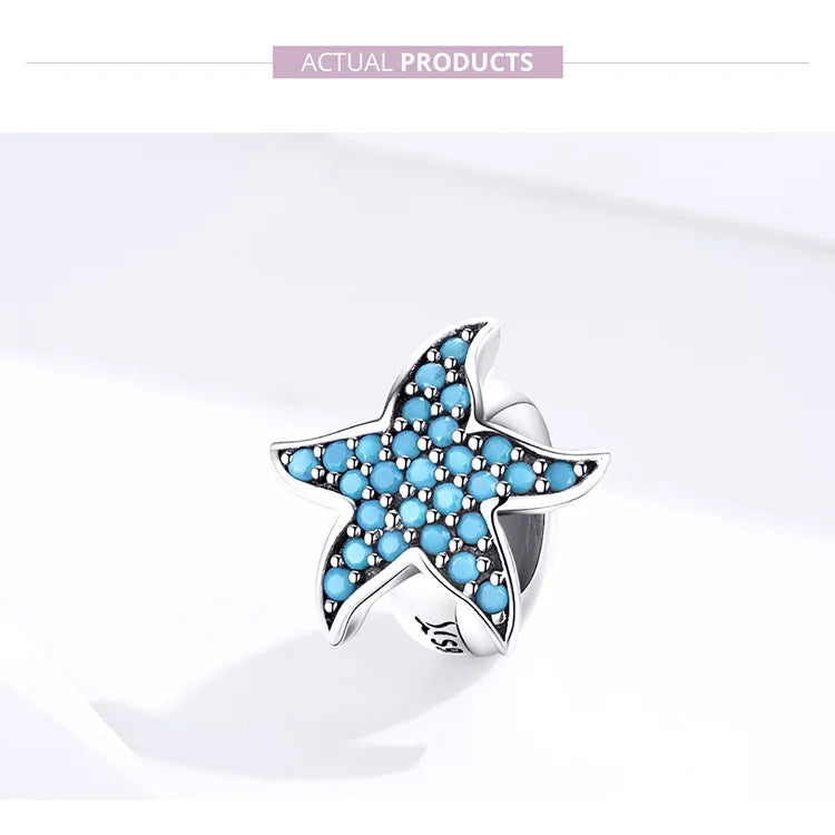 925 Sterling Silver Blue Starfish Stopper Charm - Pandora Compatible Ocean Zirconia Bead for European Bracelets (SCC1313)