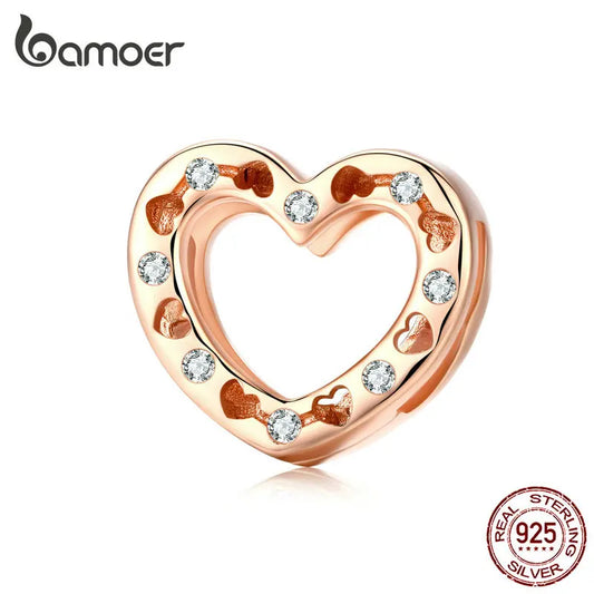 925 Sterling Silver Heart Charm with Pink Gold & Zircons - Pandora Compatible Bracelet Bead - Love Reflexions Collection