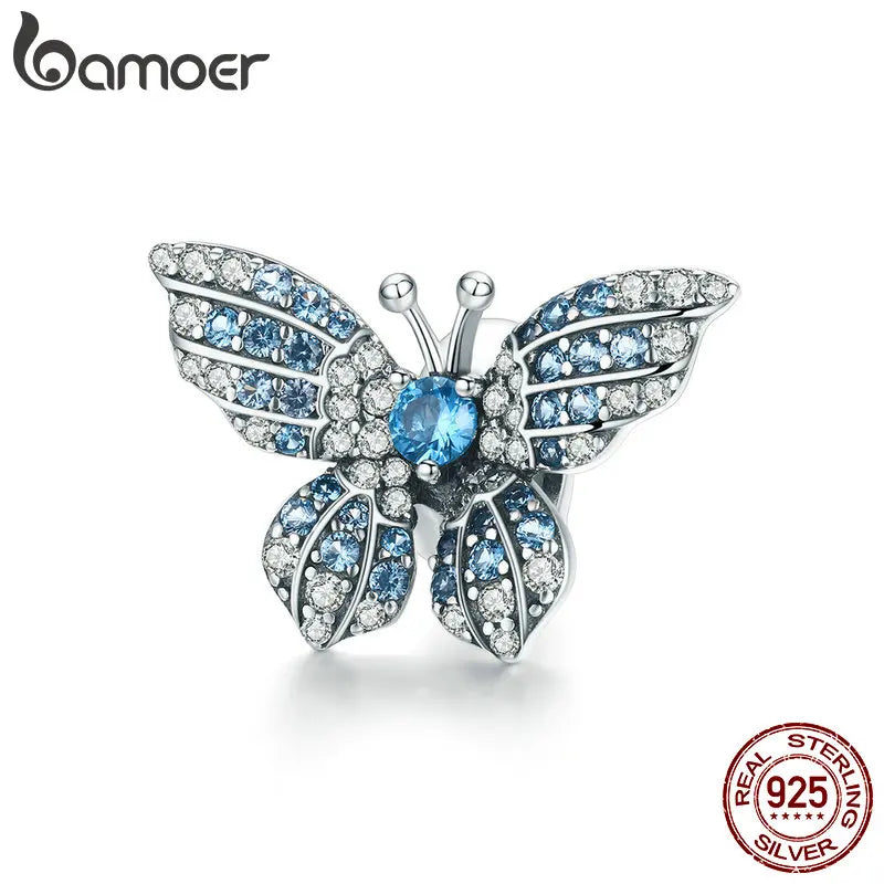 925 Sterling Silver Blue Zircon Butterfly Charm - Pandora Compatible Bracelet Bead - Crystal Butterfly Pendant for European Style Bracelets (BSC061)