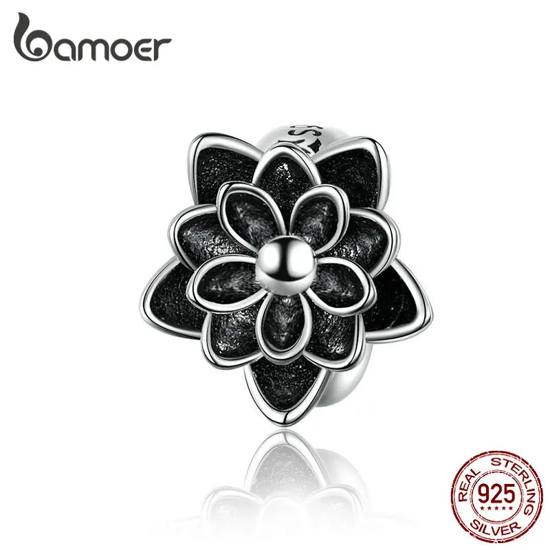 925 Sterling Silver Black Lotus Flower Charm - Pandora Compatible Snake Bracelet Bead - Elegant Zircon Jewelry Making Accessory SCC1196