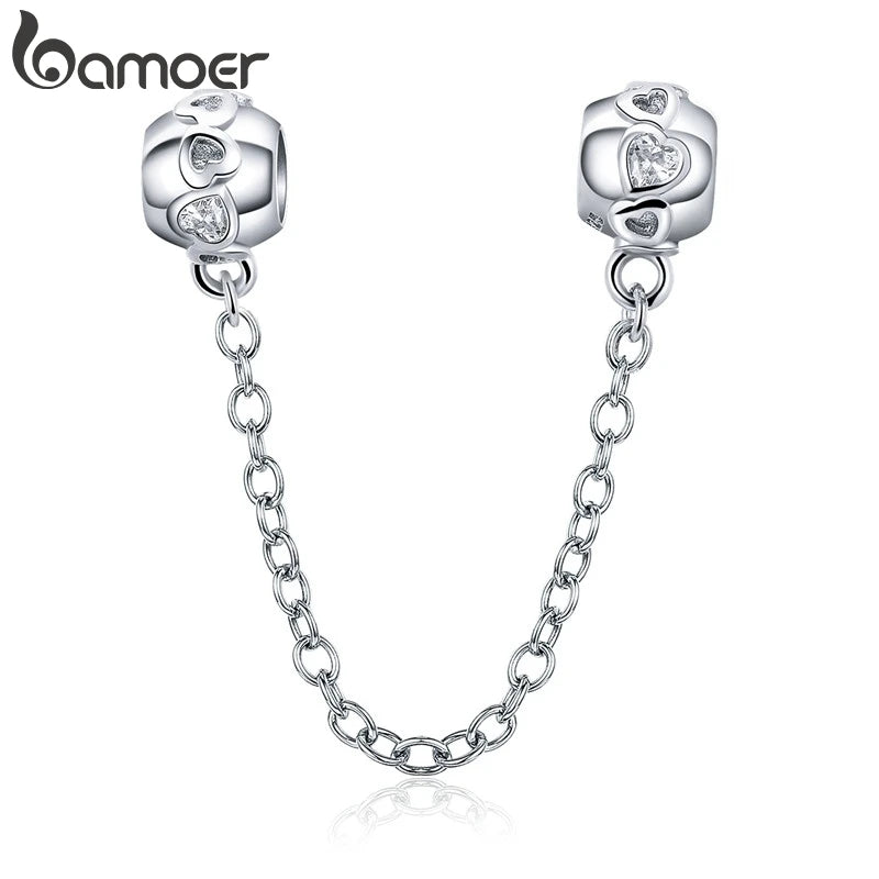 925 Sterling Silver Heart Safety Chain Charm | Pandora Compatible Bracelet Bead | Romantic Love Protection Stopper