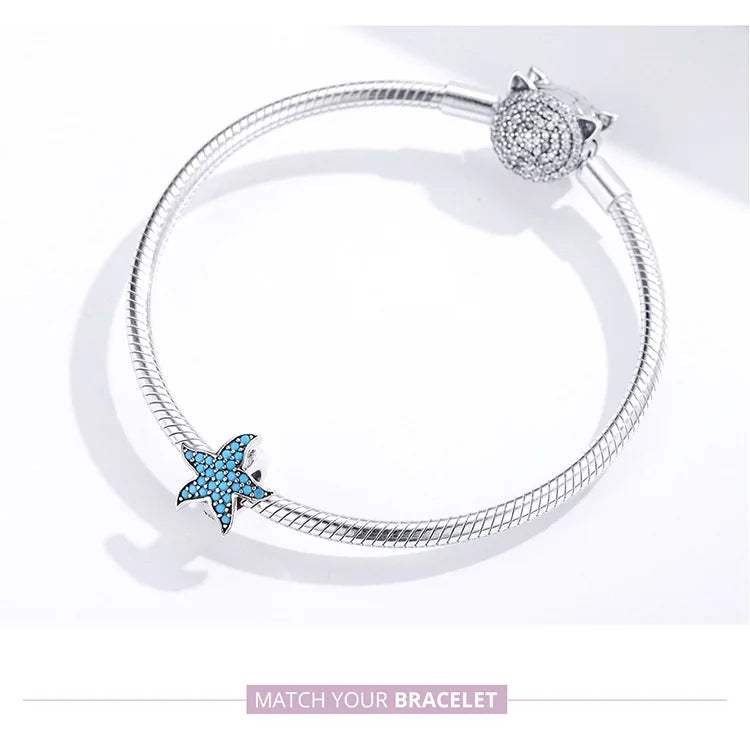 925 Sterling Silver Blue Starfish Stopper Charm - Pandora Compatible Ocean Zirconia Bead for European Bracelets (SCC1313)