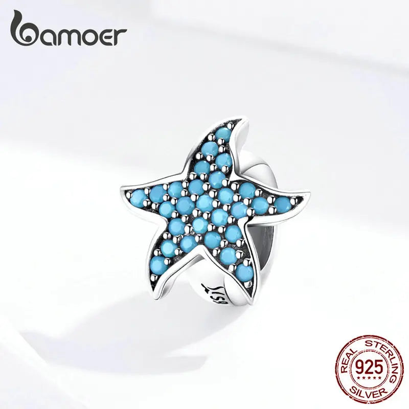 925 Sterling Silver Blue Starfish Stopper Charm - Pandora Compatible Ocean Zirconia Bead for European Bracelets (SCC1313)