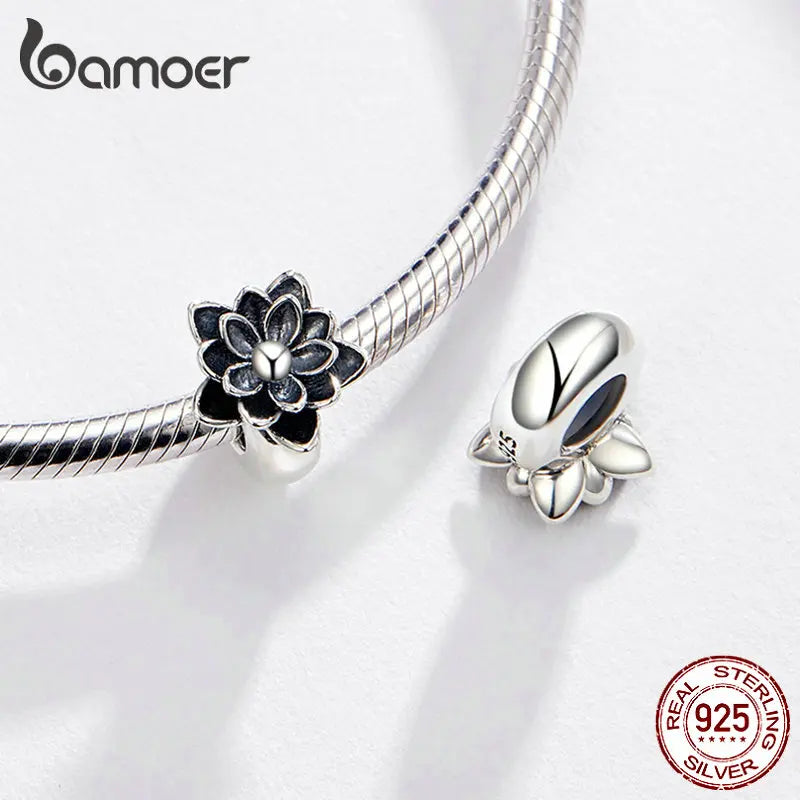 925 Sterling Silver Black Lotus Flower Charm - Pandora Compatible Snake Bracelet Bead - Elegant Zircon Jewelry Making Accessory SCC1196