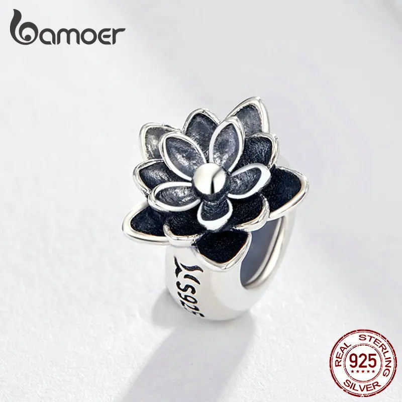 925 Sterling Silver Black Lotus Flower Charm - Pandora Compatible Snake Bracelet Bead - Elegant Zircon Jewelry Making Accessory SCC1196