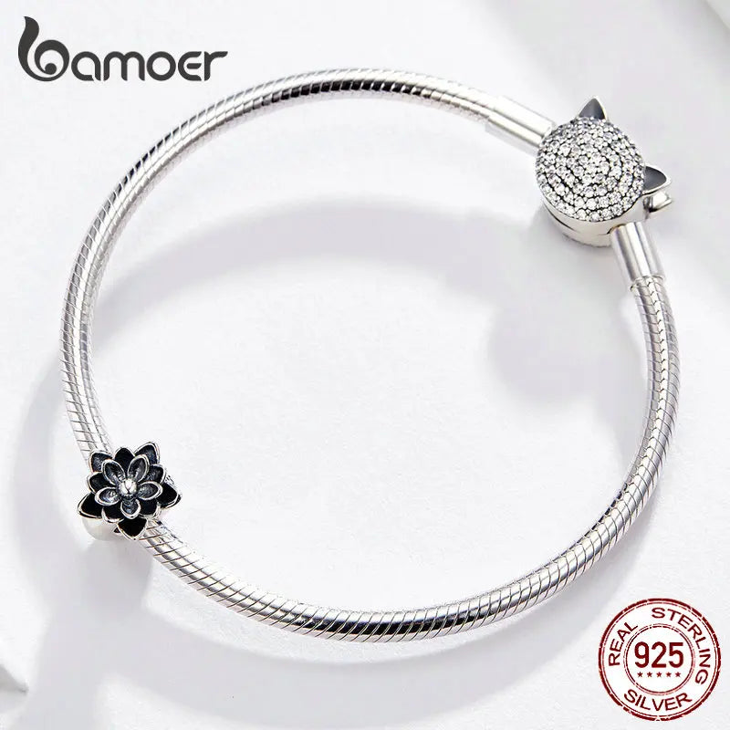 925 Sterling Silver Black Lotus Flower Charm - Pandora Compatible Snake Bracelet Bead - Elegant Zircon Jewelry Making Accessory SCC1196