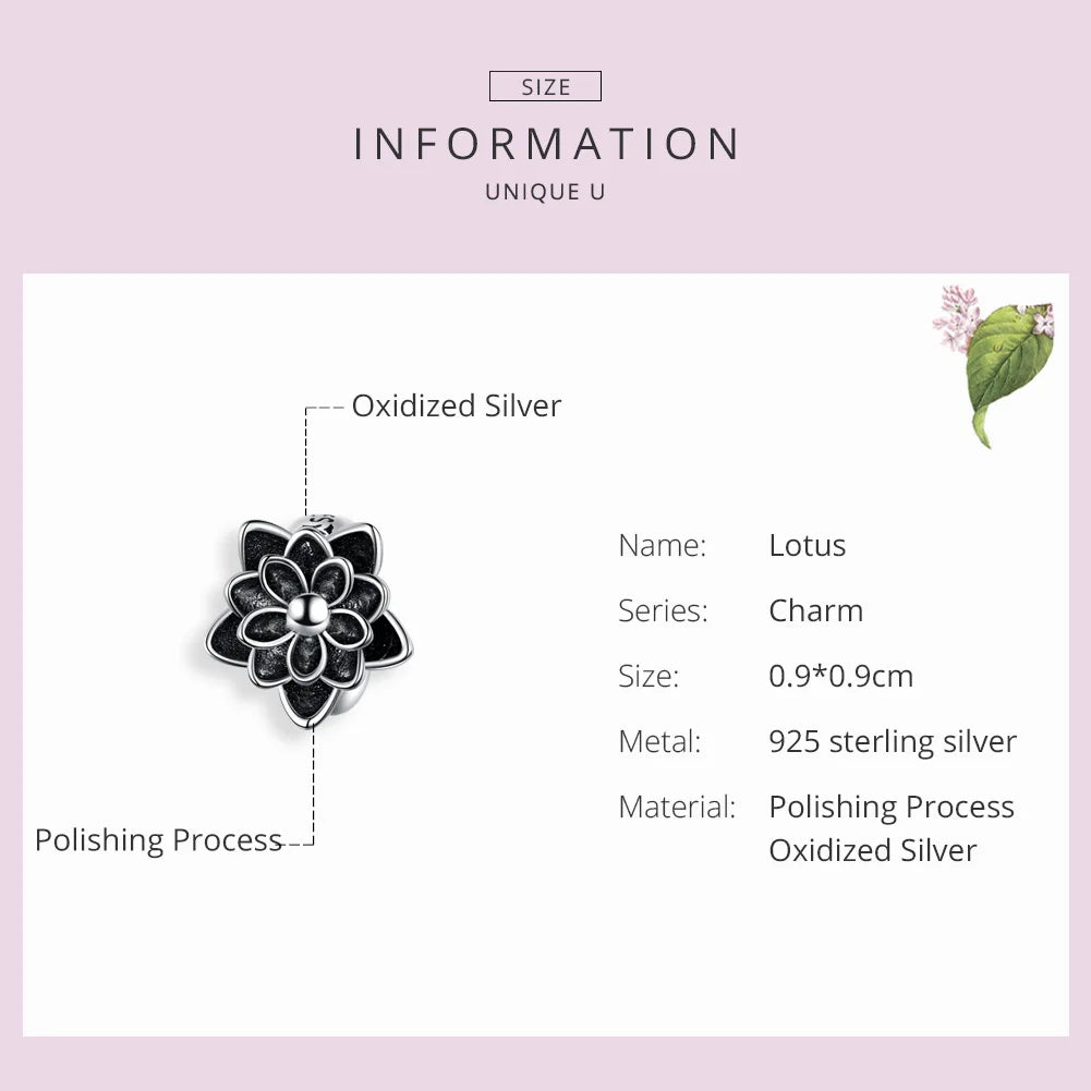 925 Sterling Silver Black Lotus Flower Charm - Pandora Compatible Snake Bracelet Bead - Elegant Zircon Jewelry Making Accessory SCC1196