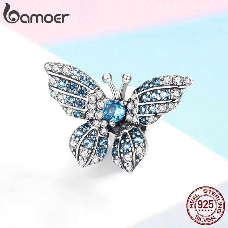 925 Sterling Silver Blue Zircon Butterfly Charm - Pandora Compatible Bracelet Bead - Crystal Butterfly Pendant for European Style Bracelets (BSC061)