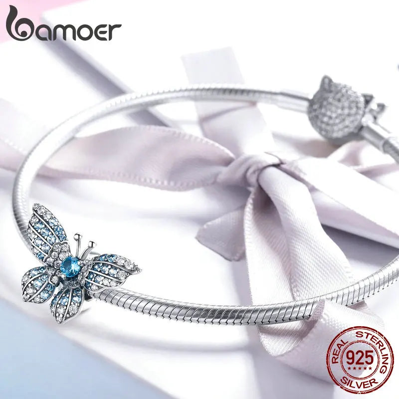 925 Sterling Silver Blue Zircon Butterfly Charm - Pandora Compatible Bracelet Bead - Crystal Butterfly Pendant for European Style Bracelets (BSC061)