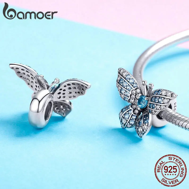 925 Sterling Silver Blue Zircon Butterfly Charm - Pandora Compatible Bracelet Bead - Crystal Butterfly Pendant for European Style Bracelets (BSC061)