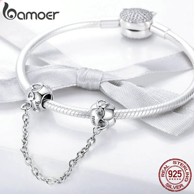 925 Sterling Silver Heart Safety Chain Charm | Pandora Compatible Bracelet Bead | Romantic Love Protection Stopper