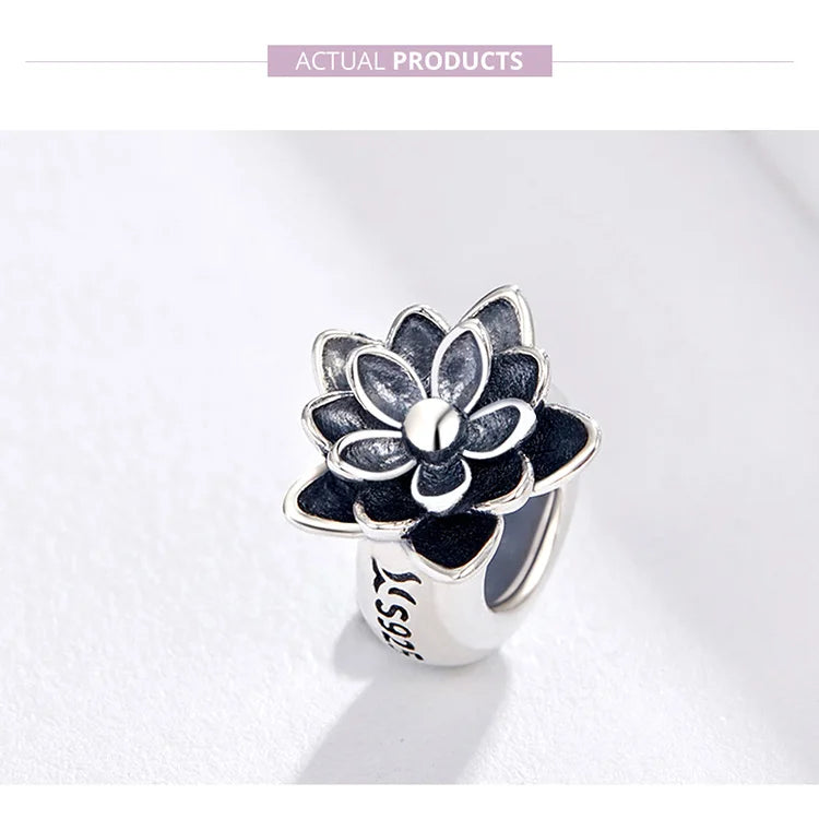 925 Sterling Silver Black Lotus Flower Charm - Pandora Compatible Snake Bracelet Bead - Elegant Zircon Jewelry Making Accessory SCC1196