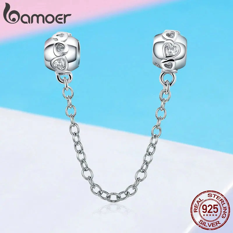 925 Sterling Silver Heart Safety Chain Charm | Pandora Compatible Bracelet Bead | Romantic Love Protection Stopper