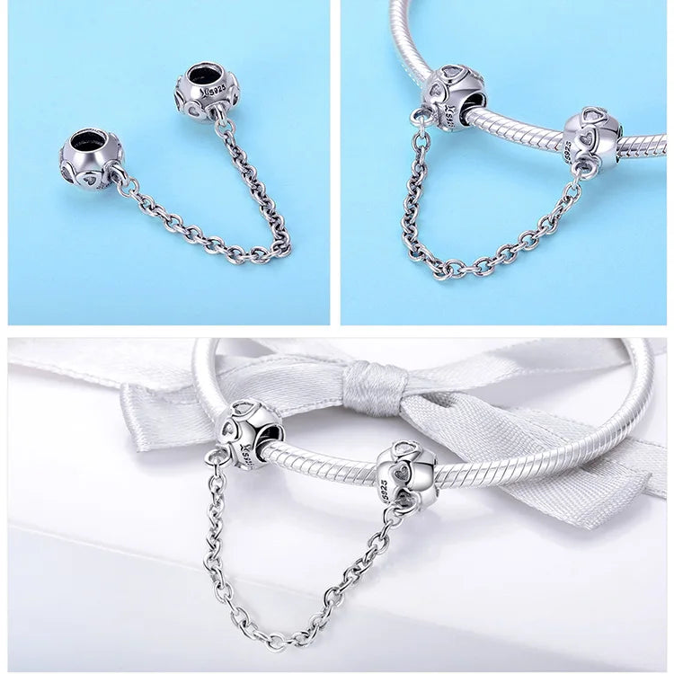 925 Sterling Silver Heart Safety Chain Charm | Pandora Compatible Bracelet Bead | Romantic Love Protection Stopper