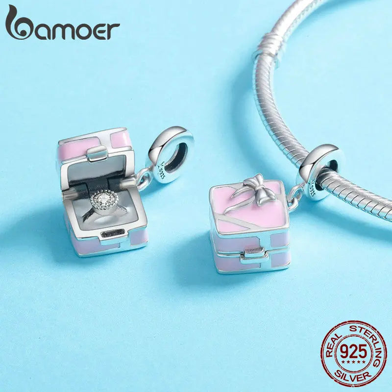 925 Sterling Silver Pink Proposal Box Charm - Romantic Marry Me Pendant for Pandora Bracelets - Wedding Engagement Gift (SCC549)