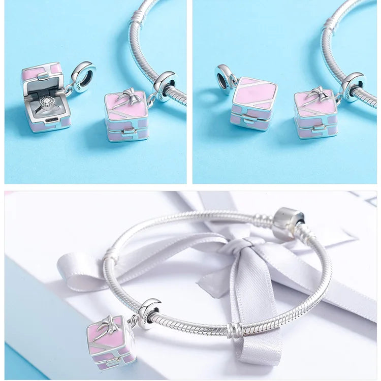 925 Sterling Silver Pink Proposal Box Charm - Romantic Marry Me Pendant for Pandora Bracelets - Wedding Engagement Gift (SCC549)