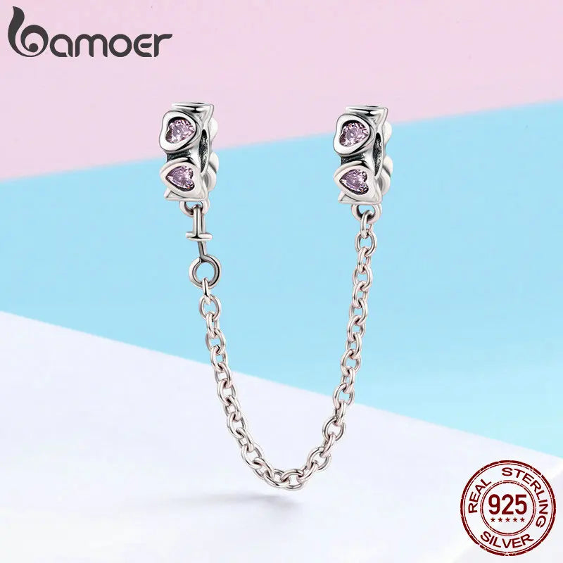 925 Sterling Silver Pink Heart Safety Chain Charm - Pandora Compatible Bracelet Stopper - Romantic Zircon Heart Charm for European Style Bracelets