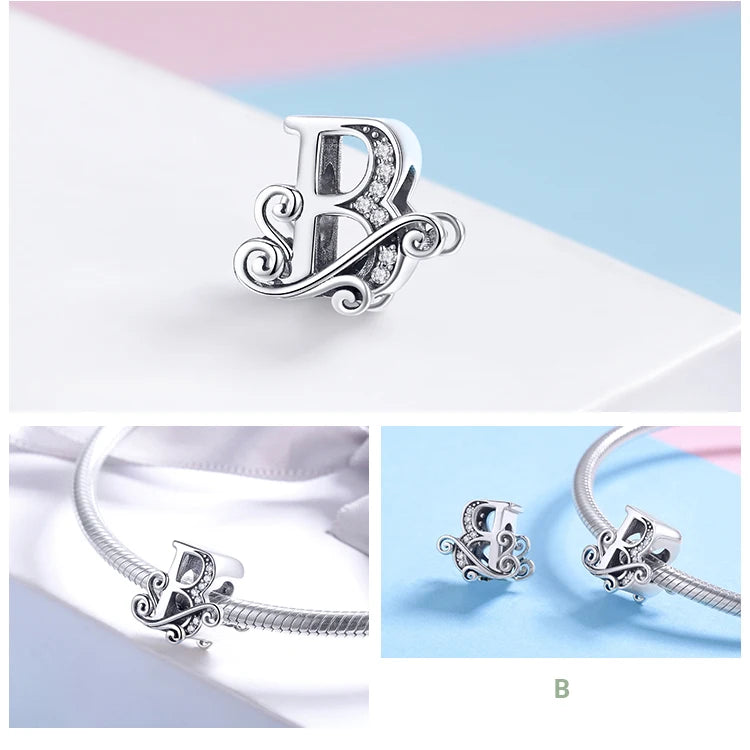 Personalized 925 Sterling Silver Alphabet Charm | Pandora Compatible Letter Bead for DIY Jewelry Making