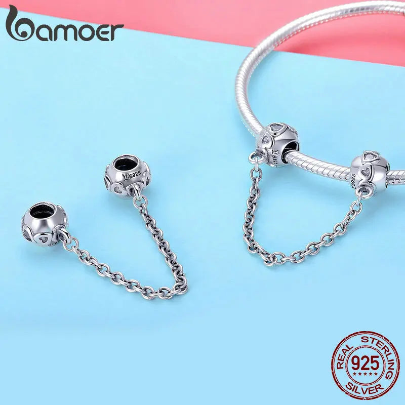 925 Sterling Silver Heart Safety Chain Charm | Pandora Compatible Bracelet Bead | Romantic Love Protection Stopper