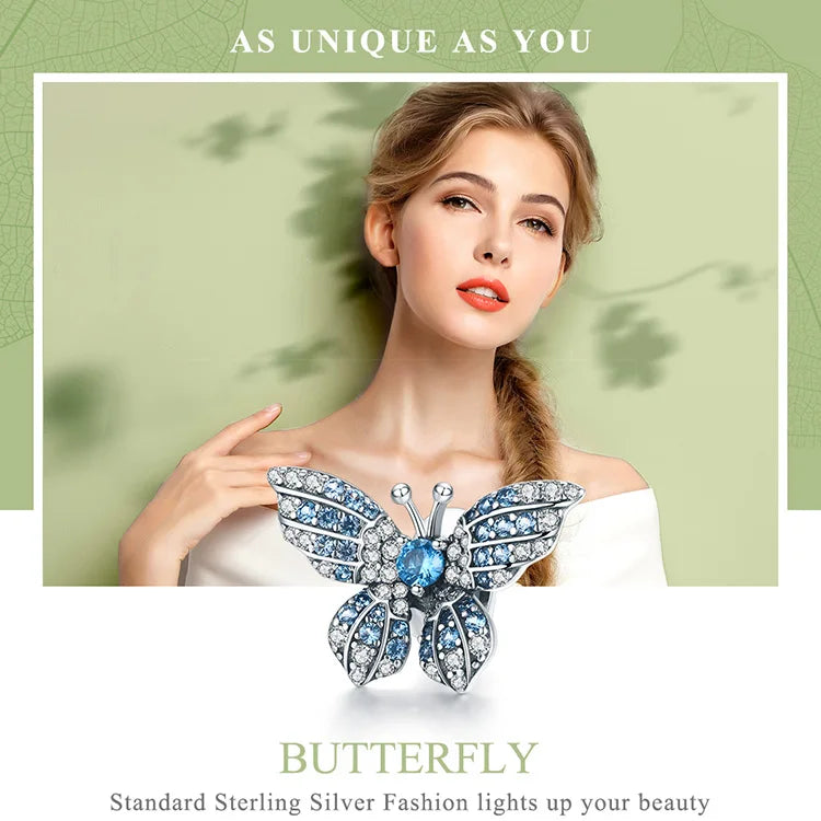 925 Sterling Silver Blue Zircon Butterfly Charm - Pandora Compatible Bracelet Bead - Crystal Butterfly Pendant for European Style Bracelets (BSC061)