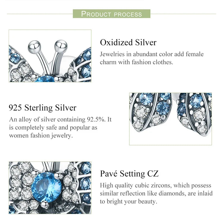 925 Sterling Silver Blue Zircon Butterfly Charm - Pandora Compatible Bracelet Bead - Crystal Butterfly Pendant for European Style Bracelets (BSC061)