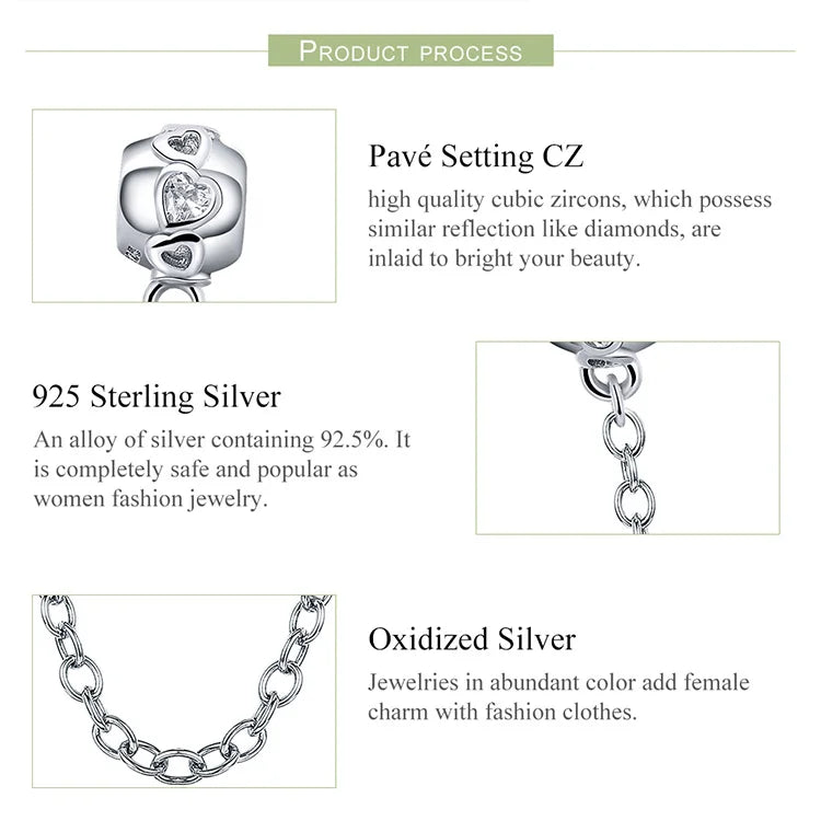 925 Sterling Silver Heart Safety Chain Charm | Pandora Compatible Bracelet Bead | Romantic Love Protection Stopper