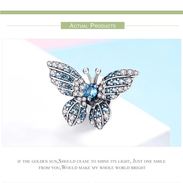 925 Sterling Silver Blue Zircon Butterfly Charm - Pandora Compatible Bracelet Bead - Crystal Butterfly Pendant for European Style Bracelets (BSC061)