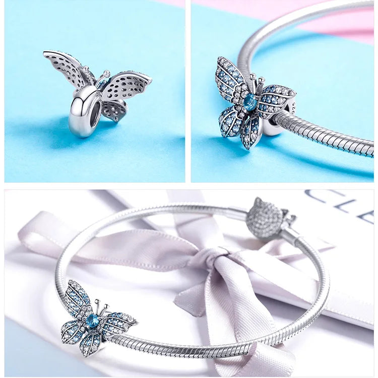 925 Sterling Silver Blue Zircon Butterfly Charm - Pandora Compatible Bracelet Bead - Crystal Butterfly Pendant for European Style Bracelets (BSC061)