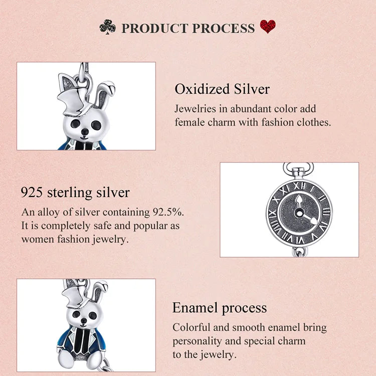 925 Sterling Silver Magical Rabbit Clock Dangle Charm - Pandora Compatible Forest Adventure Collection Pendant for European Bracelets