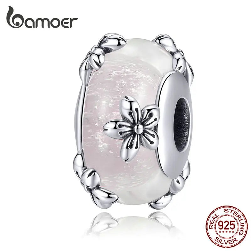 Vintage Murano Glass Flower Charm - 925 Sterling Silver Bead Compatible with Pandora Bracelets - Handmade European Style Charm (SCC1302)