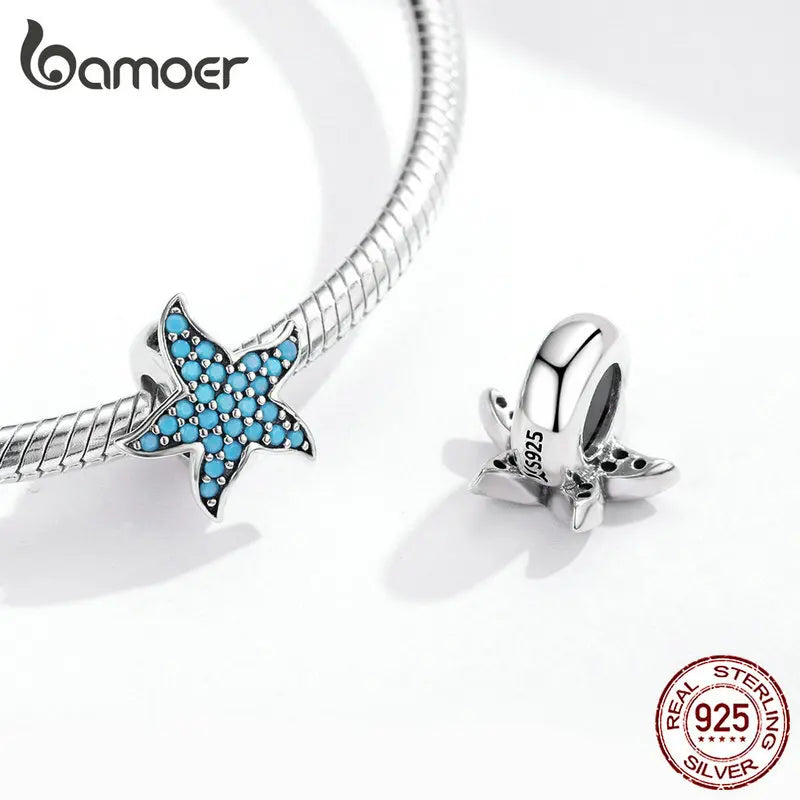 925 Sterling Silver Blue Starfish Stopper Charm - Pandora Compatible Ocean Zirconia Bead for European Bracelets (SCC1313)