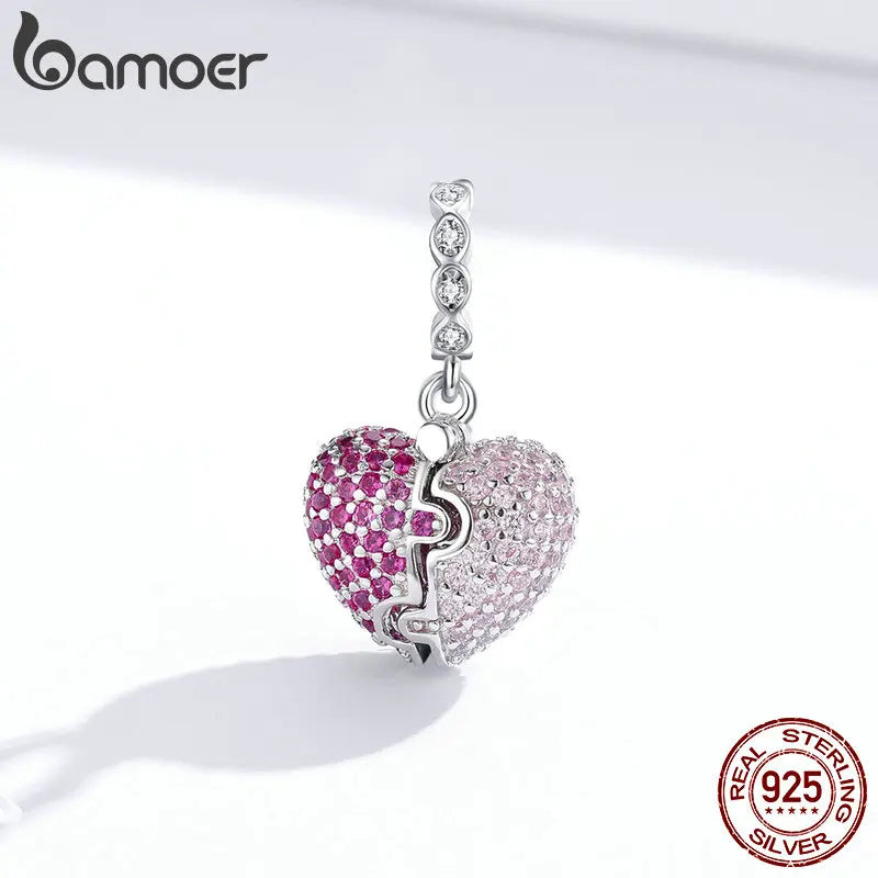 925 Sterling Silver Pink Heart Charm - Pandora Compatible Open Heart Pendant with CZ Crystals for Charm Bracelets (BSC282)